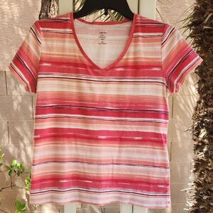 Croft & Barrow Pink Fitted Short Sleeve Tee with Ombré Stripes Womens Medium
